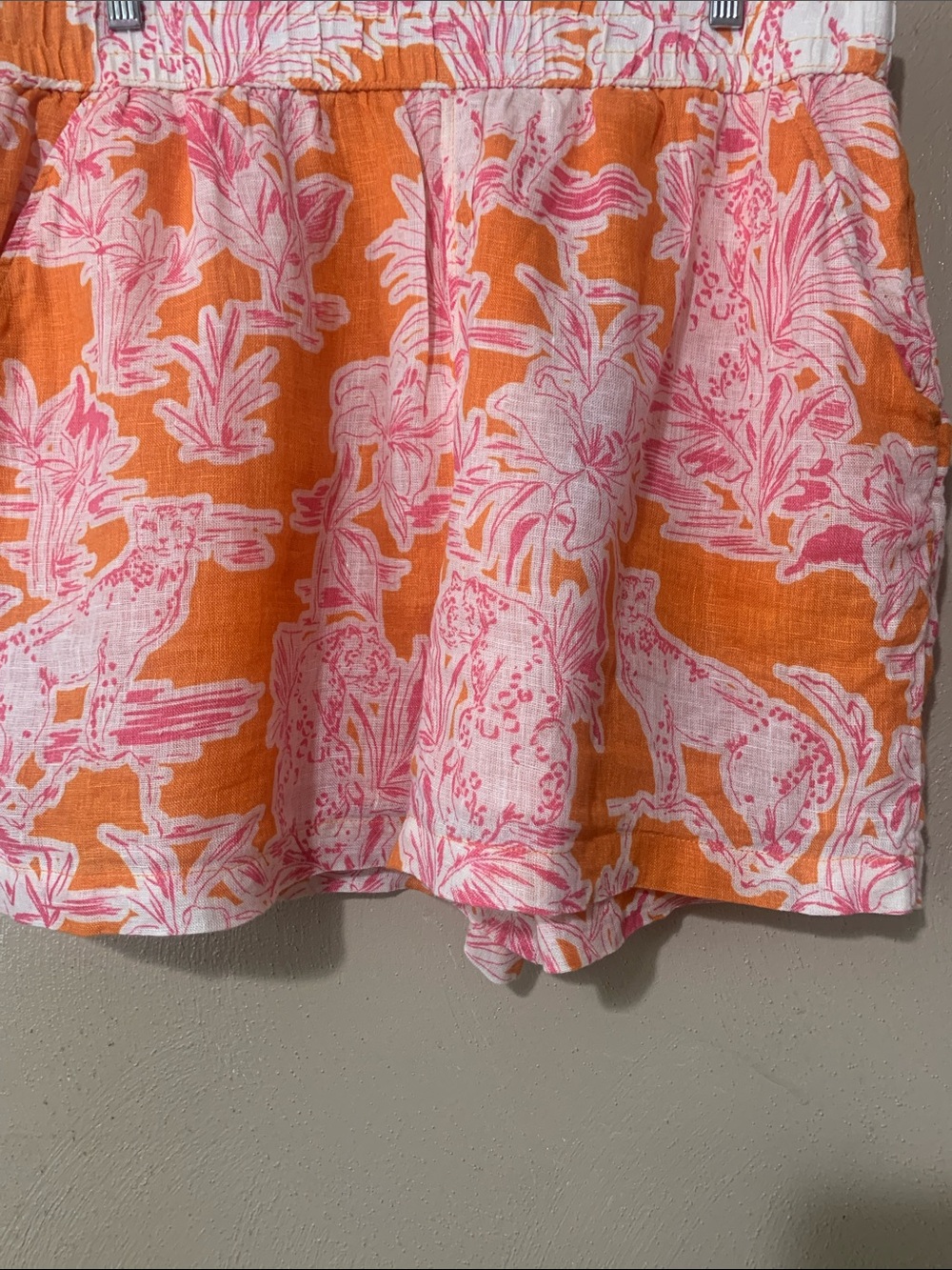 C&C California XL Coral-Orange Linen Shorts  Pink Printed Waistband Pockets